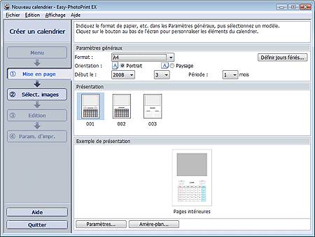 figure : écran Configuration de la page pour Calendrier