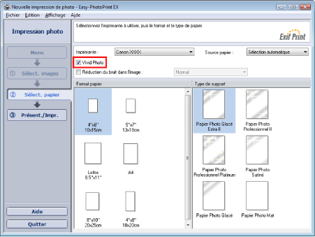figure: option Vivid Photo de l'écran Sélection du papier