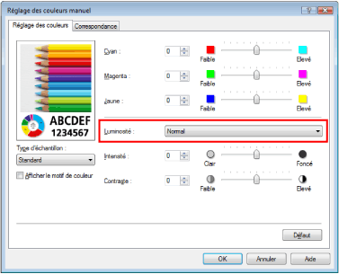 figure : Luminosité dans la boîte de dialogue Réglage des couleurs manuel