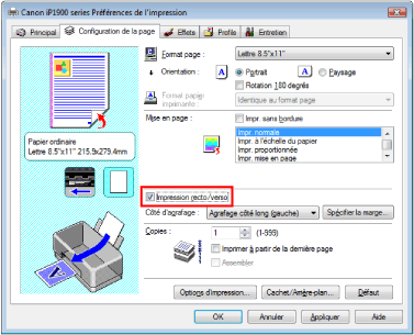 figure : Case Impression recto/verso dans l'onglet Configuration de la page