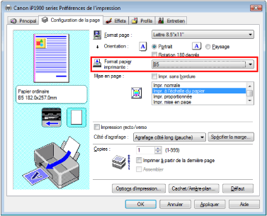 figure : Format papier imprimante dans l'onglet Configuration de la page