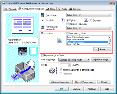 figure : Sélectionnez Impr. mise en page pour Mise en page dans l'onglet Configuration de la page