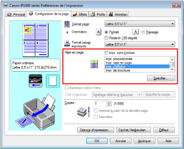 figure : Sélectionnez Impr. d'affiche pour Mise en page dans l'onglet Configuration de la page