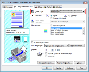 figure : Sélectionnez Personnalisé... pour Format page dans l'onglet Configuration de la page