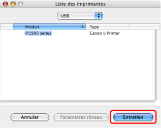 figure: Liste des imprimantes sous Mac OS X v.10.4.x ou Mac OS X v 10.3.9