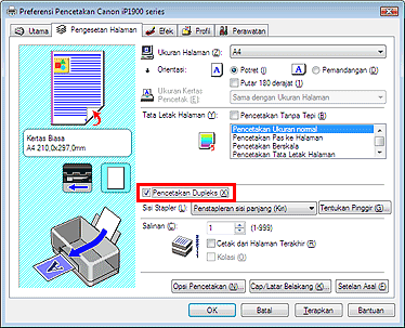 gambar:Kotak centang Pencetakan Dupleks pada tab Pengesetan Halaman
