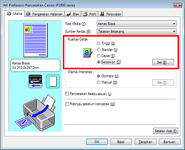 gambar:Pilih Serasikan untuk Kualitas Cetak pada tab Utama