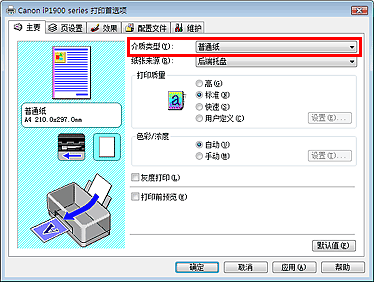 插图：“主要”选项卡上的“介质类型”