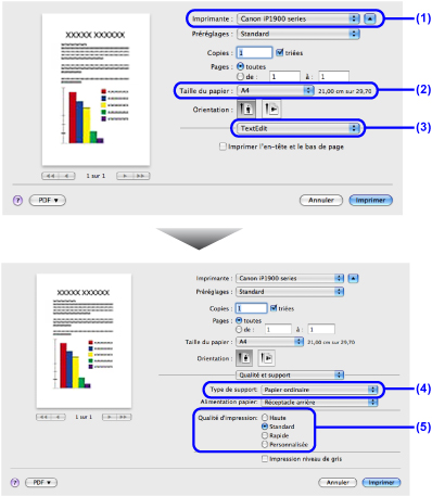 figure : Sélectionnez le format du papier chargé dans l'imprimante et sélectionnez Quality et support dans la boîte de dialogue. figure : Sélectionnez le type de support du papier chargé et sélectionnez le mode d'impression.