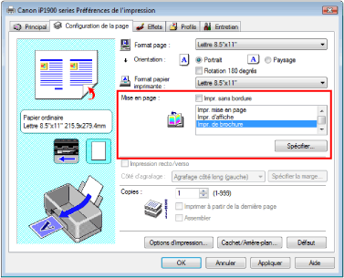 Sélectionnez Impr. de brochure pour Mise en page dans l'onglet Configuration de la page