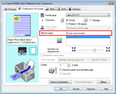 figure : Impr. sans bordure dans l'onglet Configuration de la page