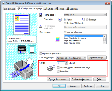 figure : Copies dans l'onglet Configuration de la page