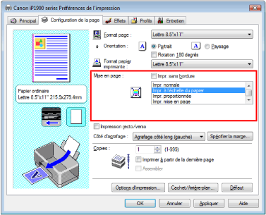 figure : Sélectionnez Impr. à l'échelle du papier pour Mise en page dans l'onglet Configuration de la page