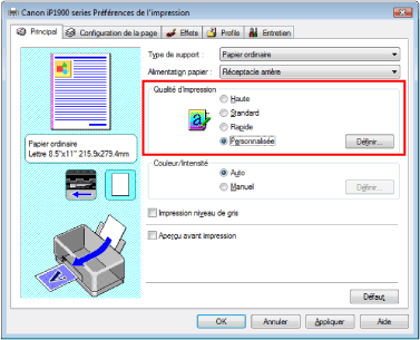 figure : Sélectionnez Personnalisée pour Qualité d'impression dans l'onglet Principal