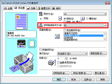 插图：“页设置”选项卡上的“打印机纸张尺寸”